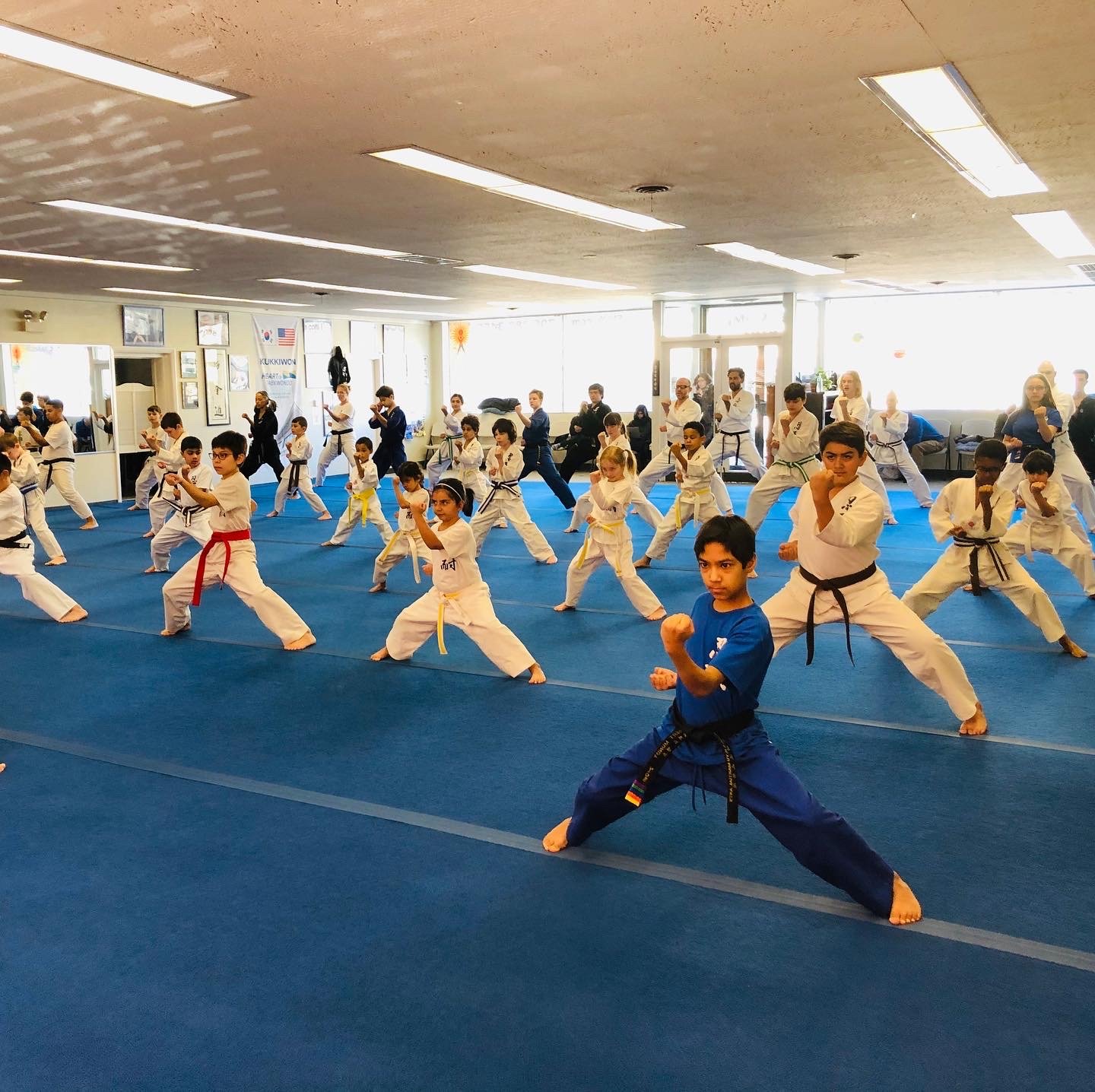 Students practicing in martial arts dojo